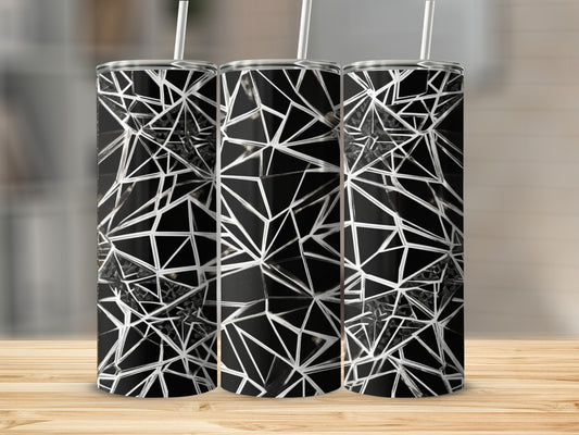 Black and white geometric shattered glass pattern on a tumbler.