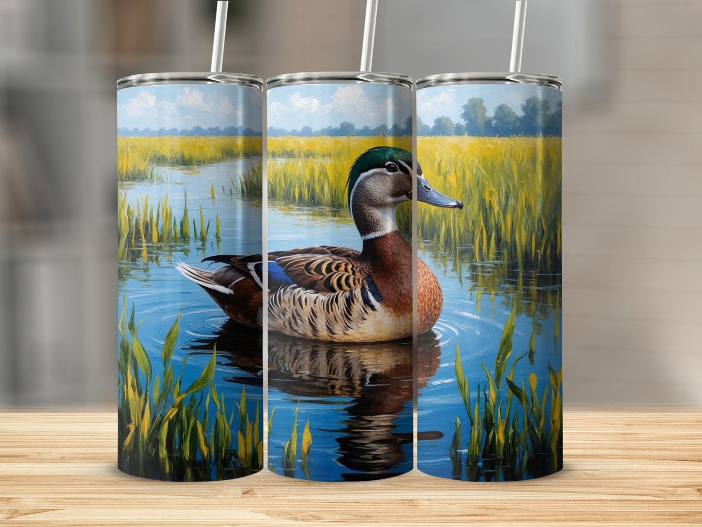 Mallard duck swims in a marsh with tall yellow grass.
