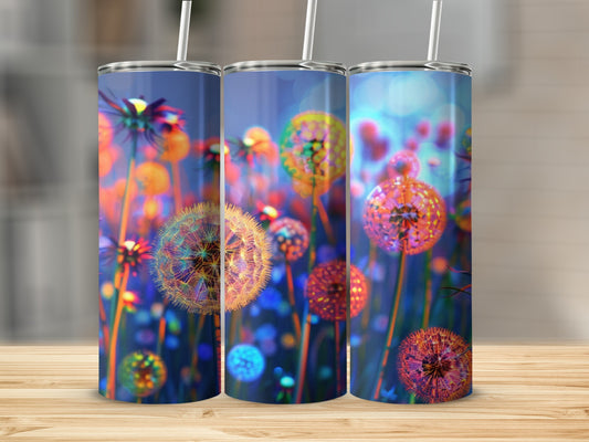 Three tumblers featuring a close-up of dandelions with colorful bokeh lights.