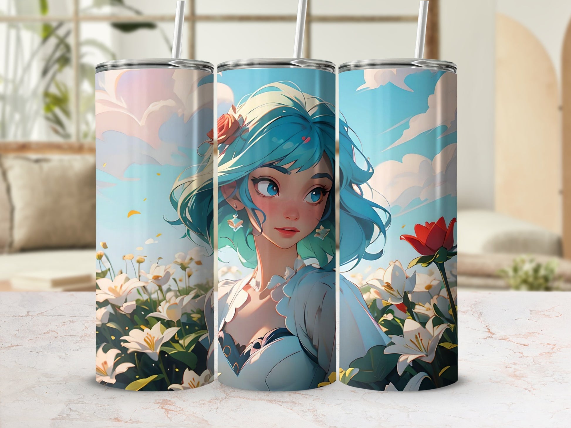 Fantasy Blue-Haired Girl with Floral Background Tumbler