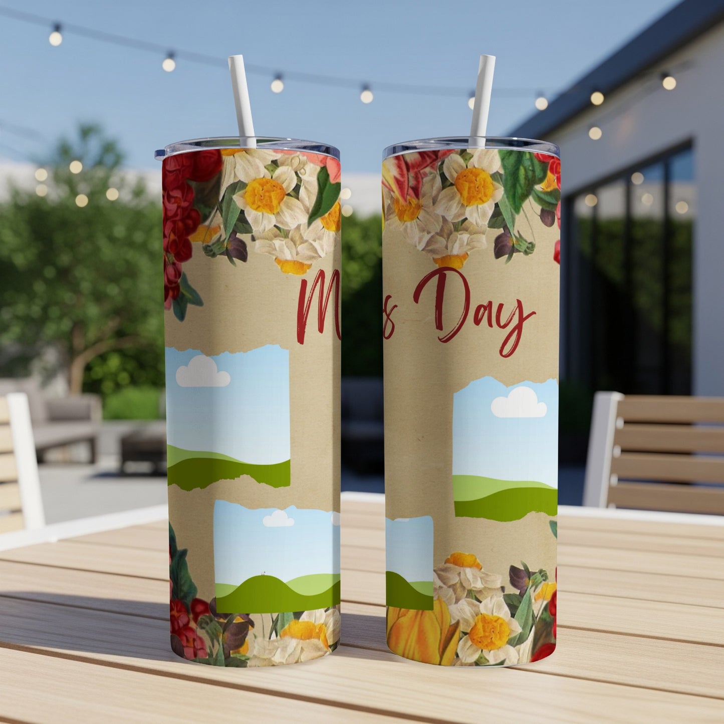 Two tumblers with floral print and "Mom's Day" text displayed outdoors.