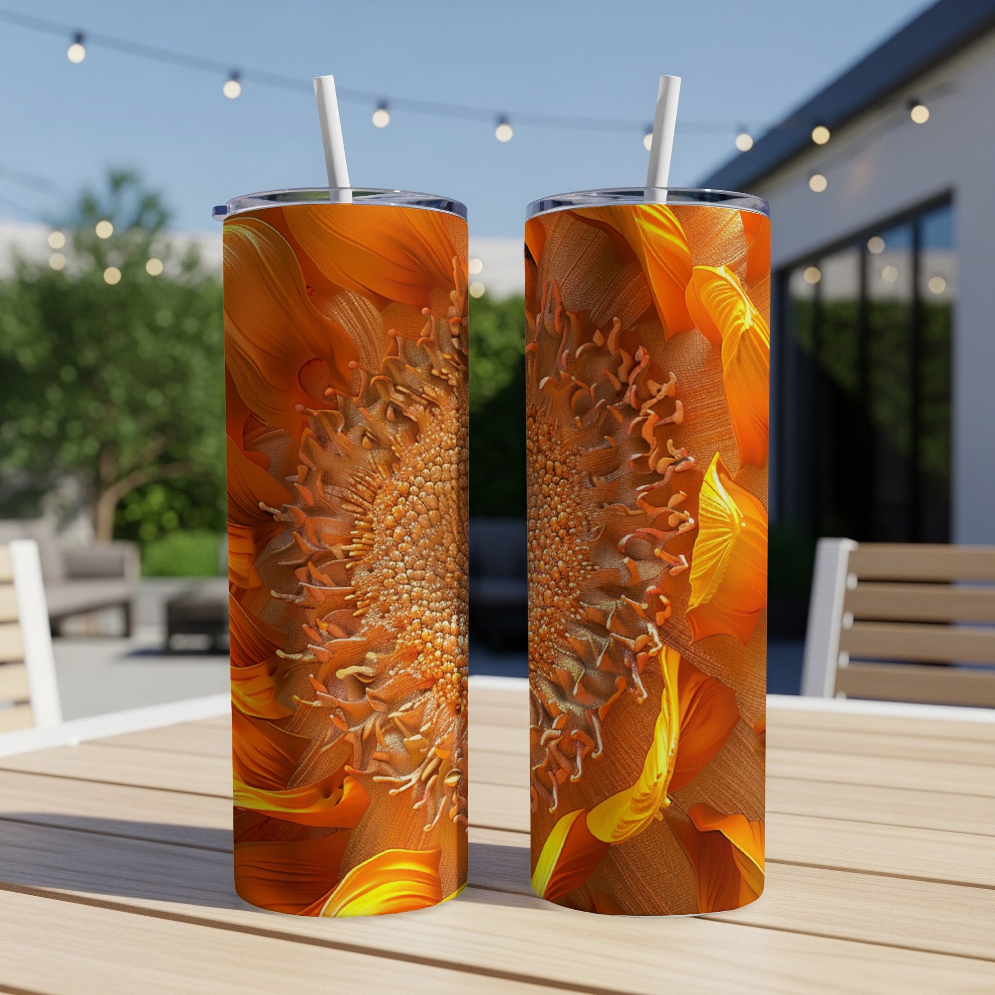 Two tall tumblers with a close-up sunflower petal design.
