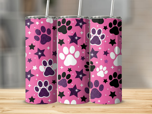 Pink tumbler with paw prints and stars.