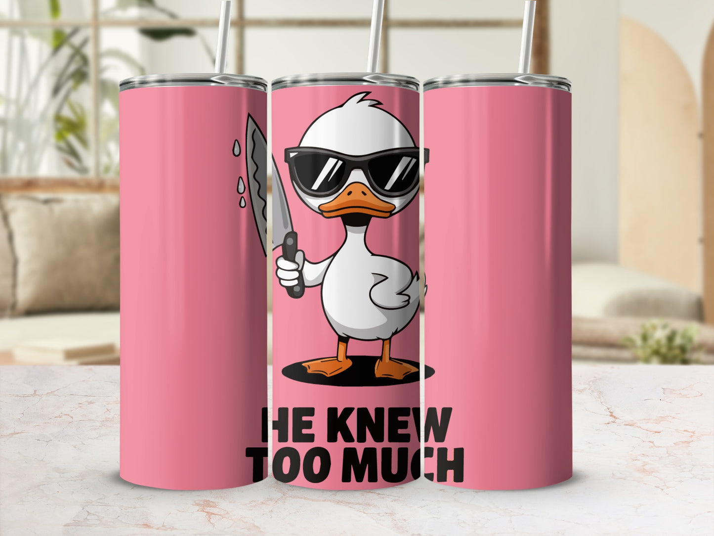 Pink tumbler with a cartoon duck wearing sunglasses and holding a knife.