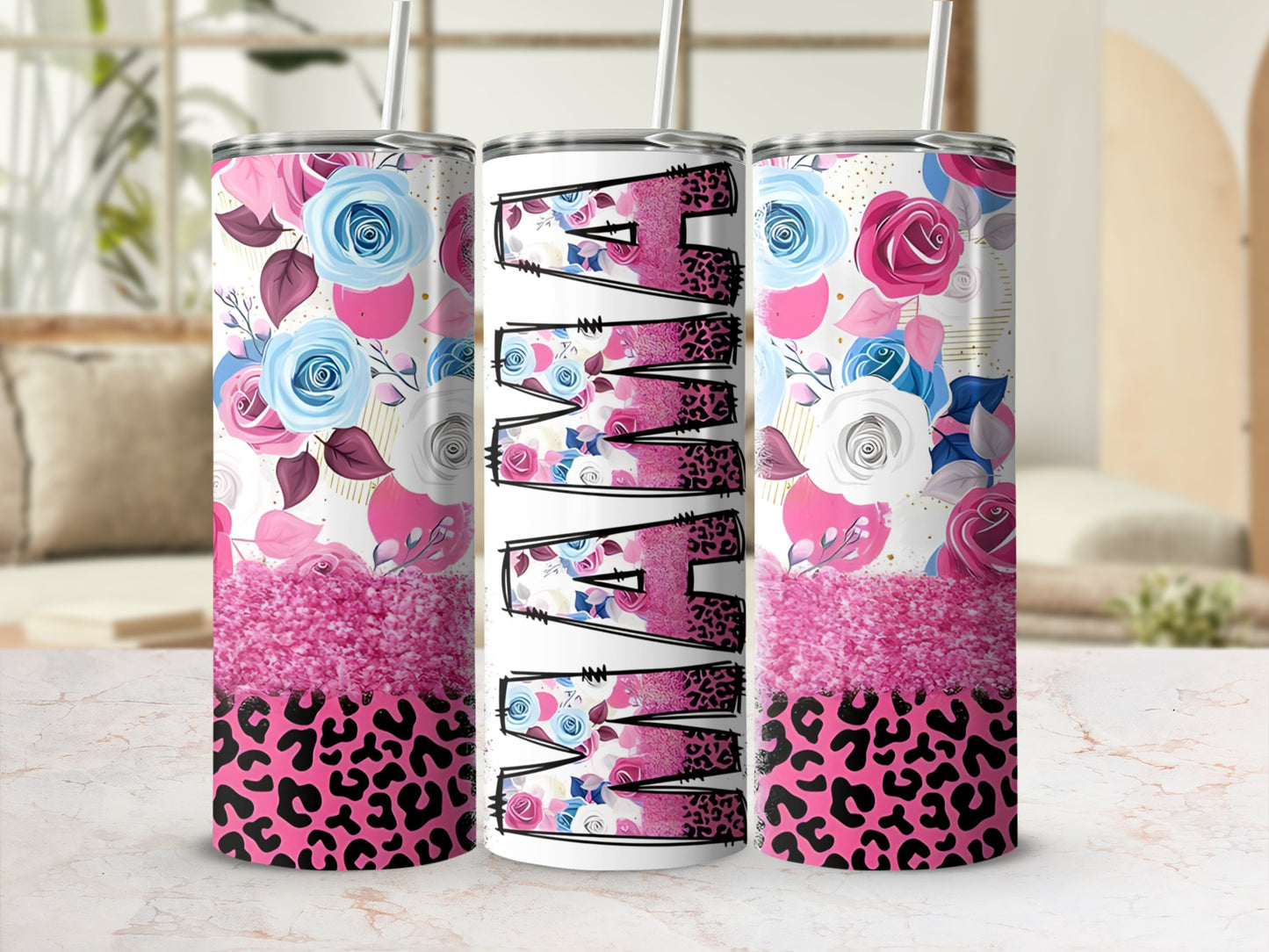 Floral tumbler with "Mama" text and leopard print accent.