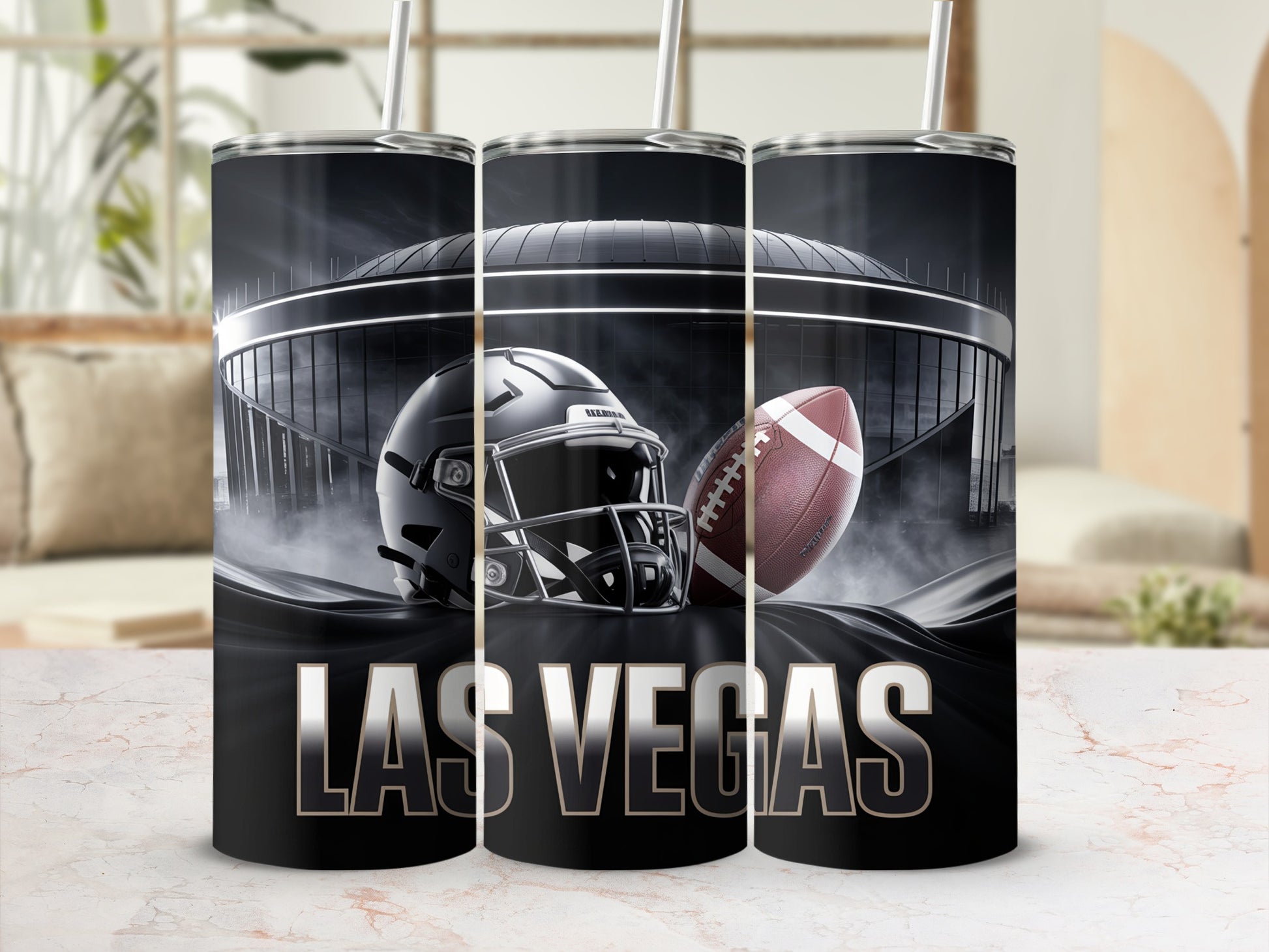 Black tumbler with "LAS VEGAS" text, football helmet, and stadium.