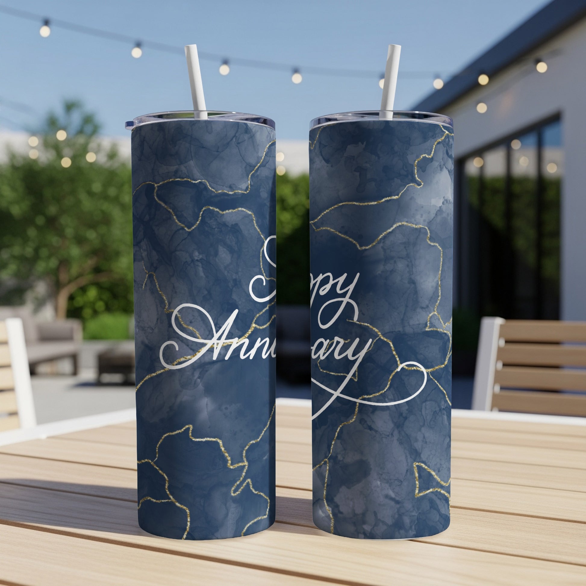 Navy blue marble pattern tumblers with "Happy Anniversary" text.