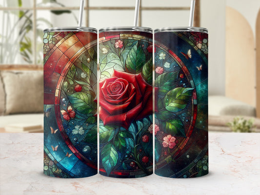 Triptych of stained glass tumblers featuring a red rose and floral pattern.
