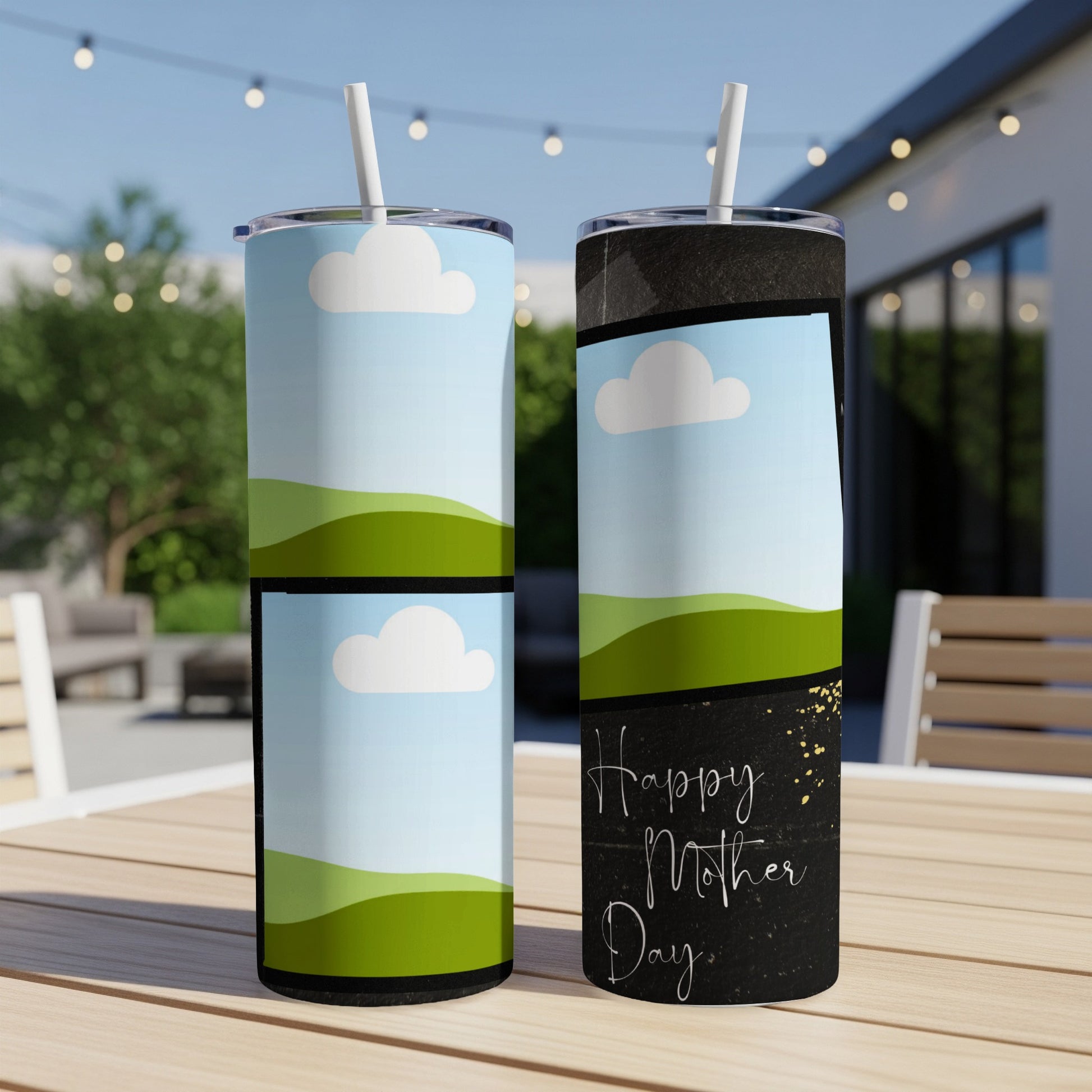 Tumblers with sky, cloud, and hill designs and "Happy Mother Day" text.