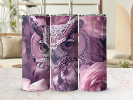 Pink floral tumbler with a close-up owl illustration.