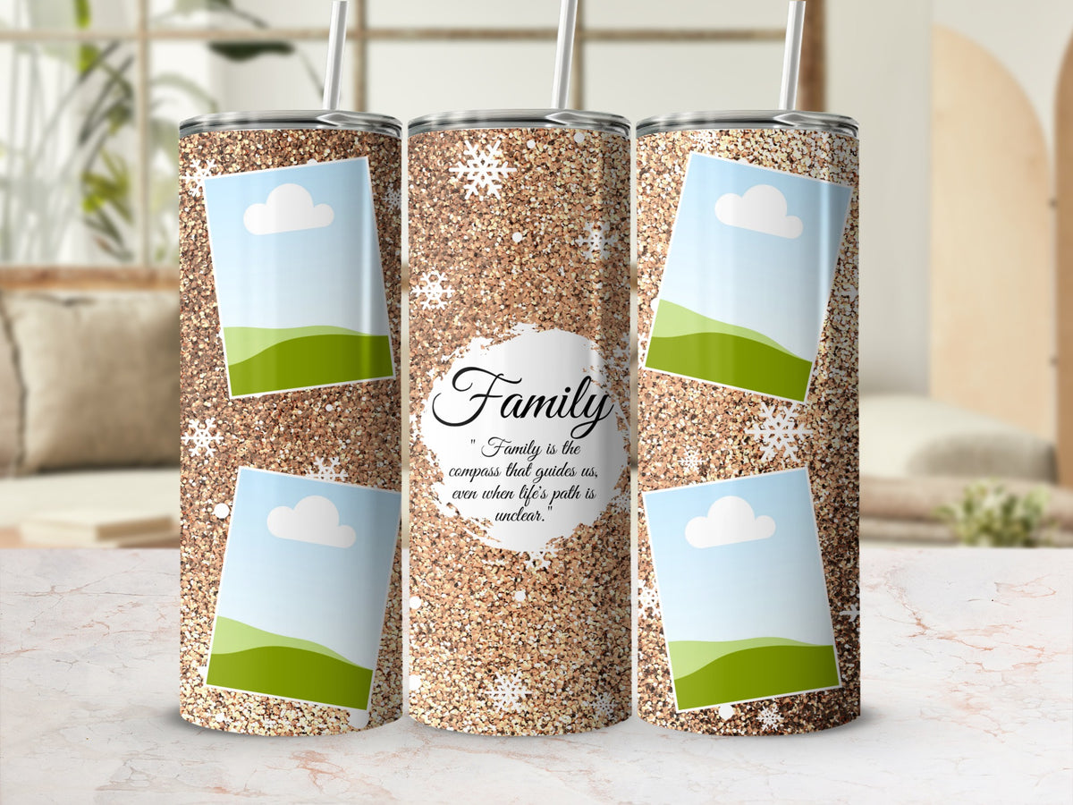 Glitter tumblers with family quote, snowflakes, and photo placeholders.
