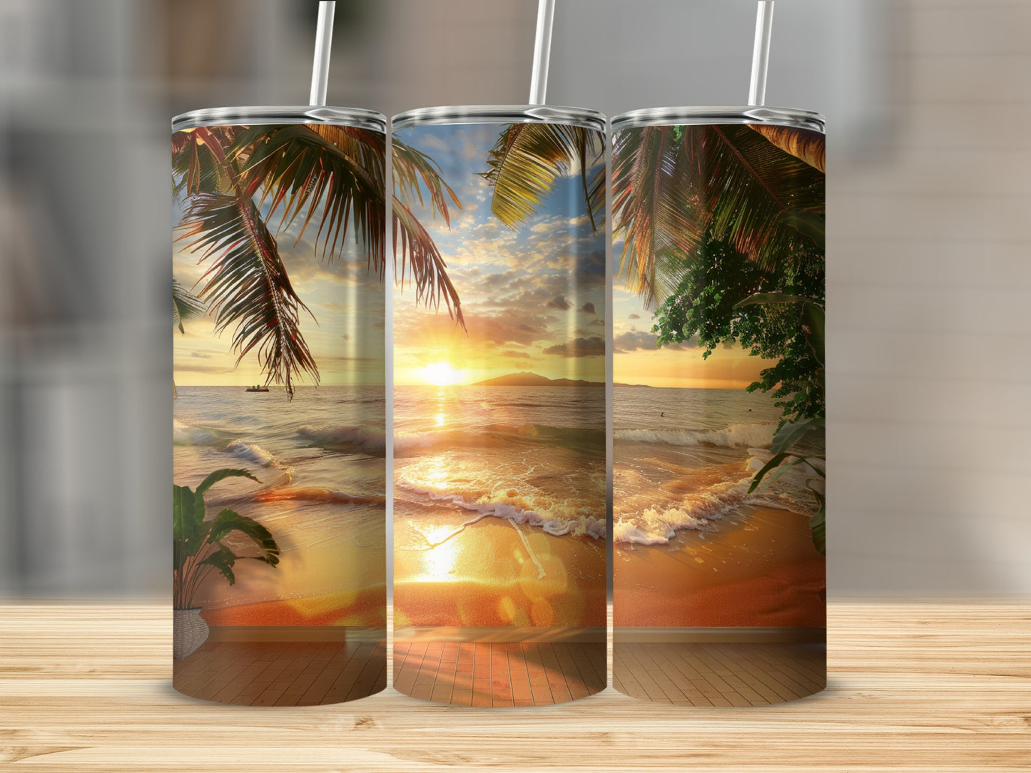 Three tumblers with a sunset beach scene, palm trees, and ocean waves.