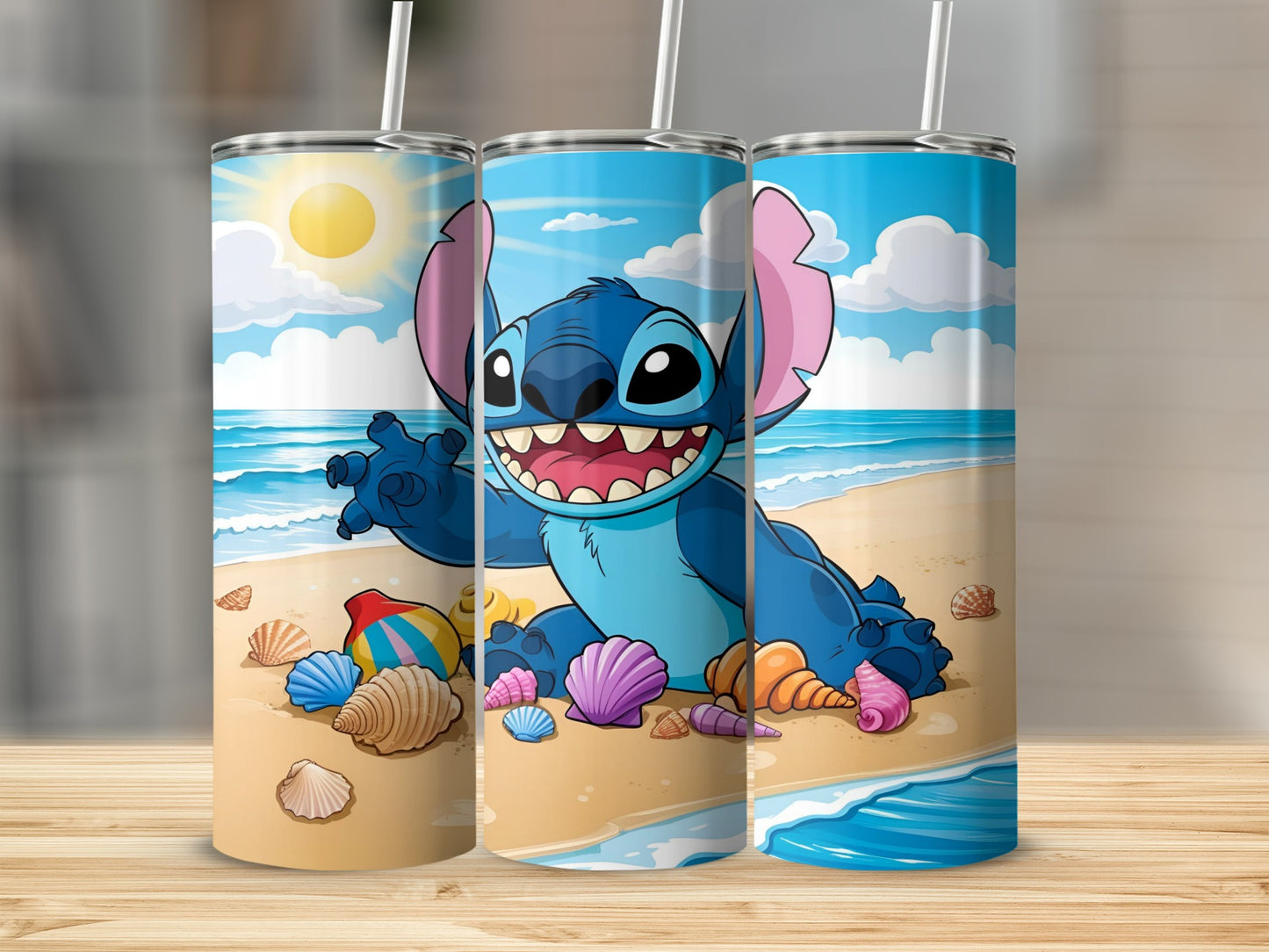 Stitch cartoon character on a beach with seashells and beach ball.
