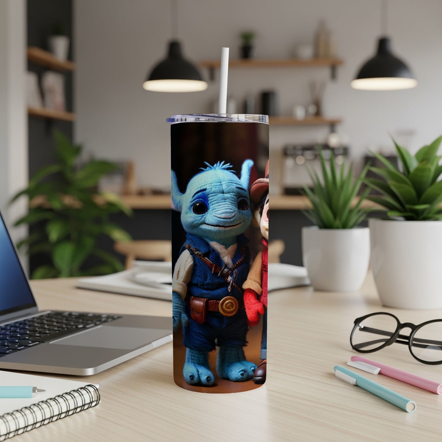 Cartoon characters with cowboy hats on a tall tumbler cup.