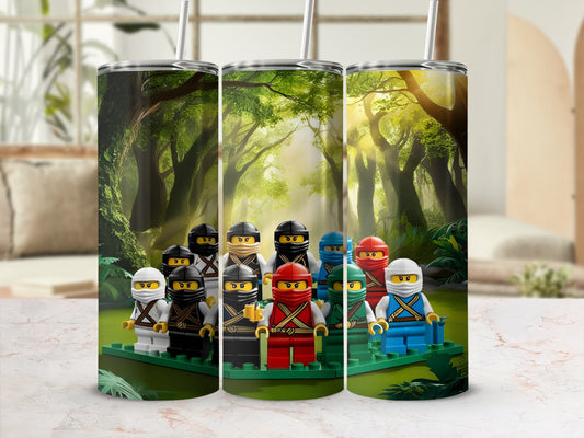 Ninja figures stand on a green platform in a forest setting.