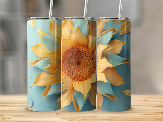 Three tumblers featuring a close-up of a sunflower with teal accents.