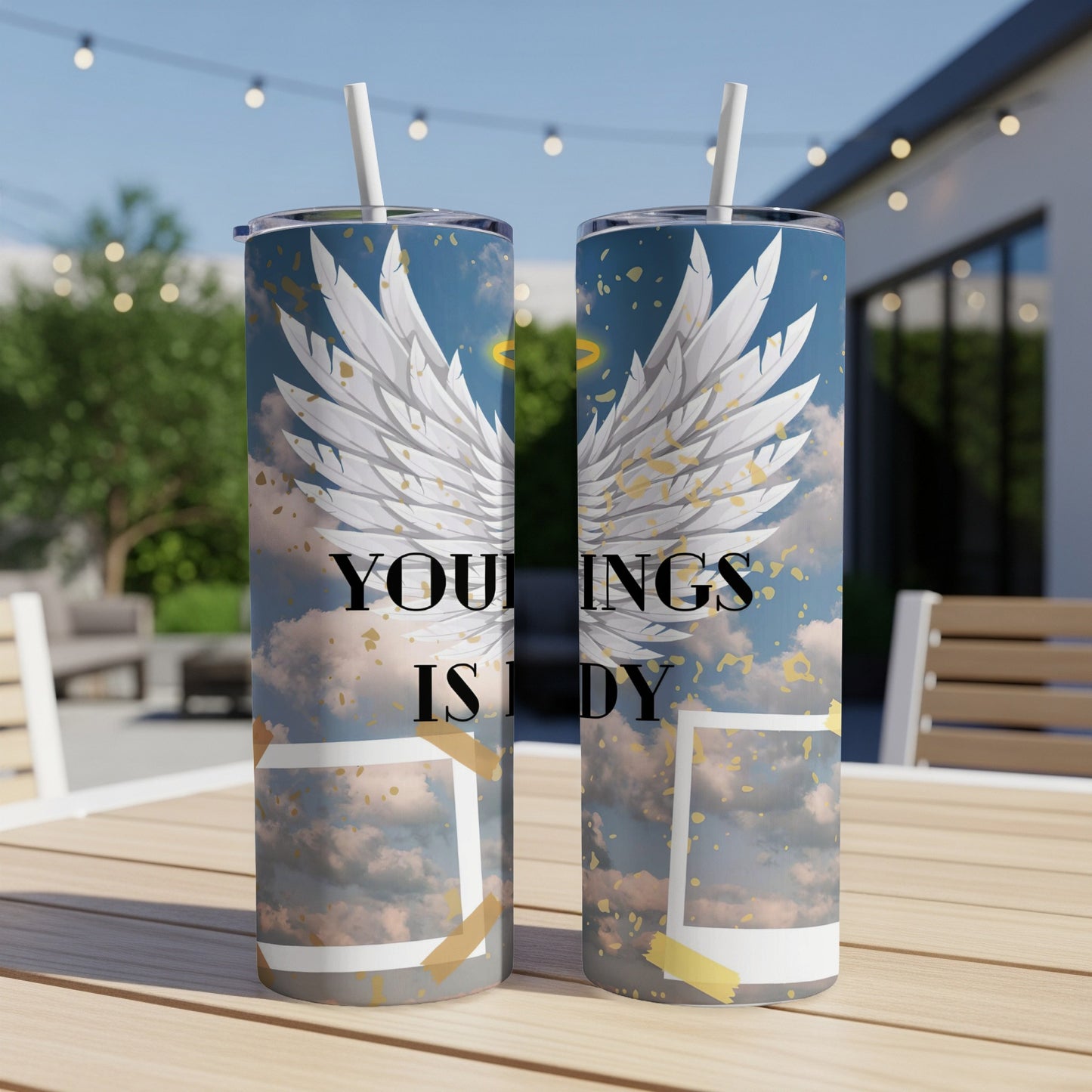 Two tumblers with angel wings design and text "YOUR WINGS IS READY".