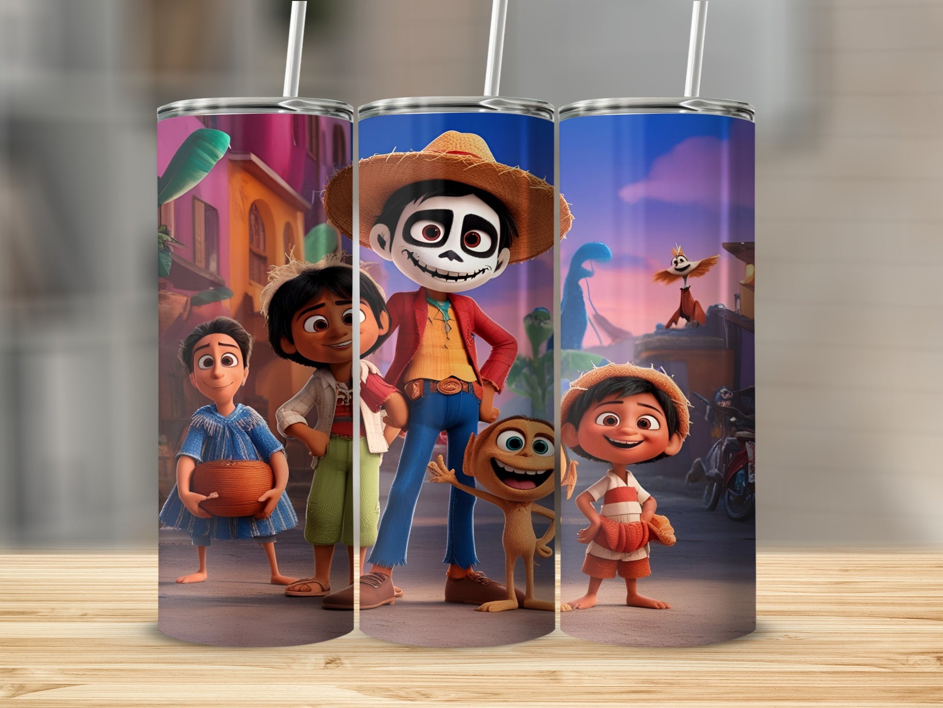 Three animated characters, Miguel, Hector, and Dante, from Coco stand in a street.