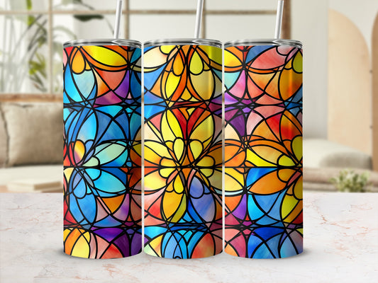 Three tumblers with stained glass pattern in vibrant colors.