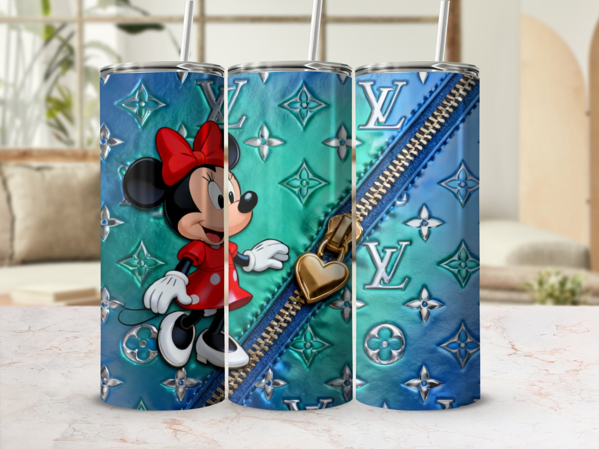 Minnie Mouse on Louis Vuitton pattern tumbler with gold zipper and heart charm.