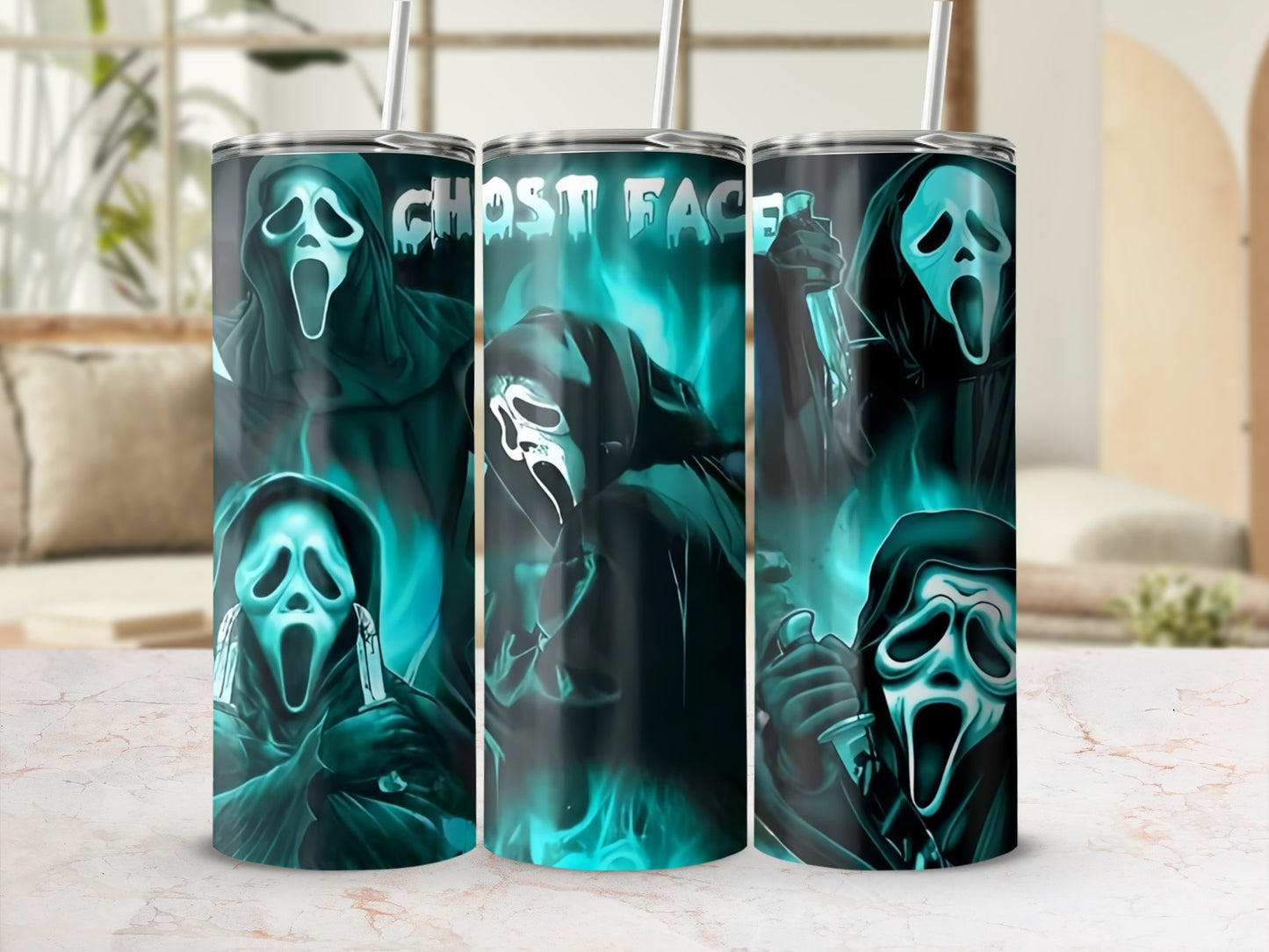 Three tumblers with Ghost Face masks, knives, and blue fire, one with text.