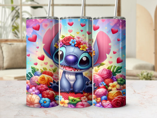 Stitch character with flowers and yarn balls on a colorful, heart-filled background.