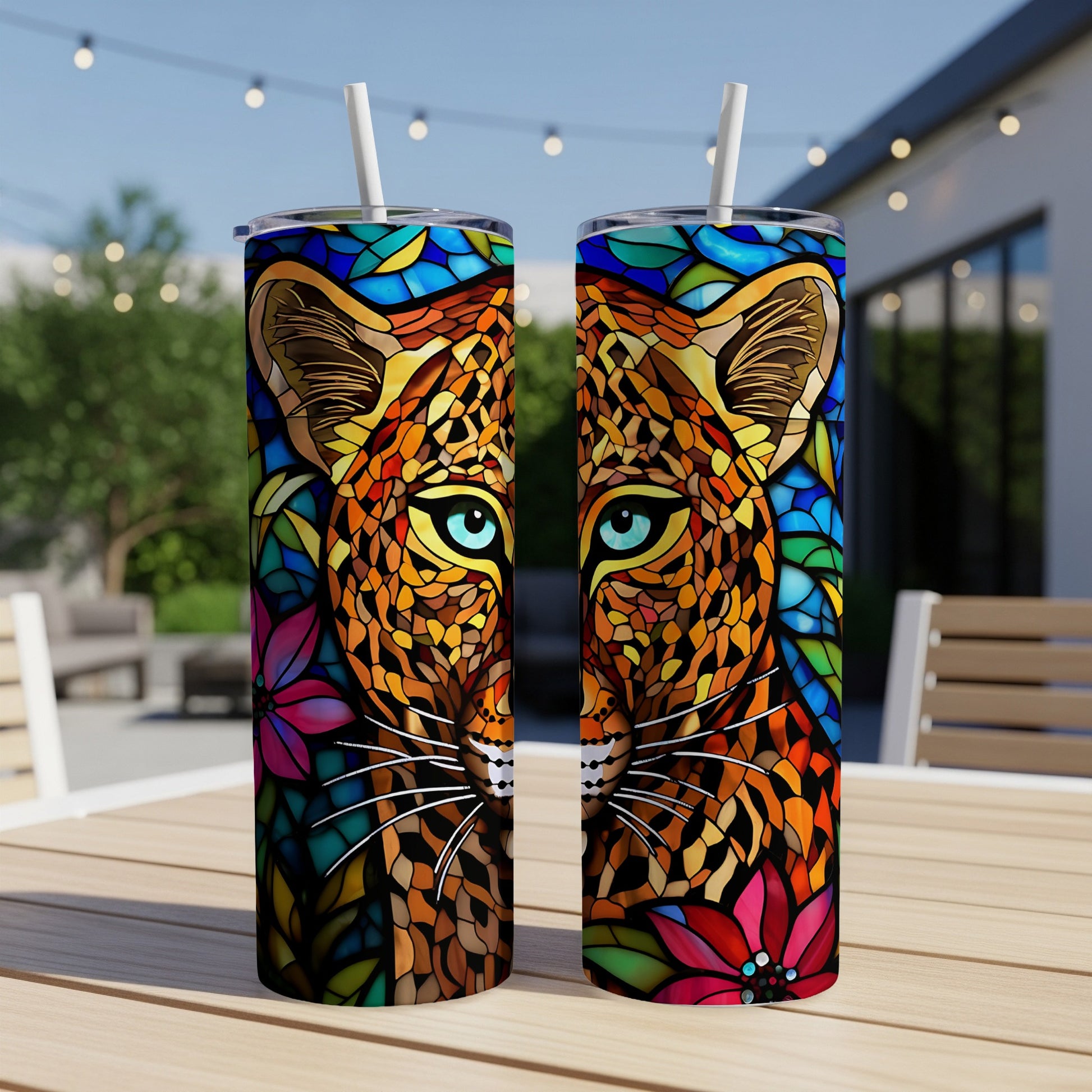 Two patterned tumblers featuring a stained-glass style leopard face design.