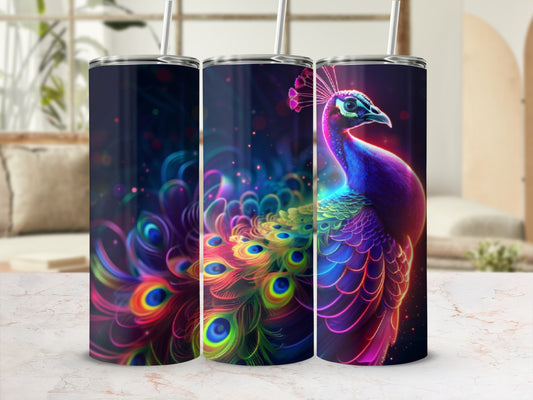 Three tumblers featuring a colorful peacock design with glowing feathers.