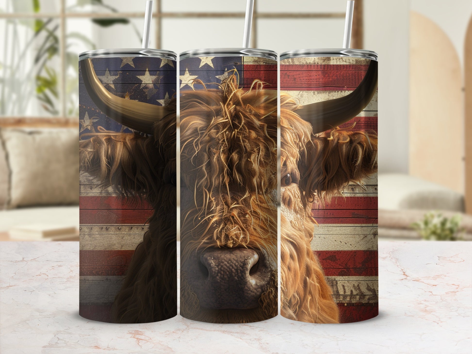 Highland cow face on American flag background tumbler.