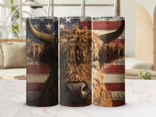 Highland cow face on American flag background tumbler.