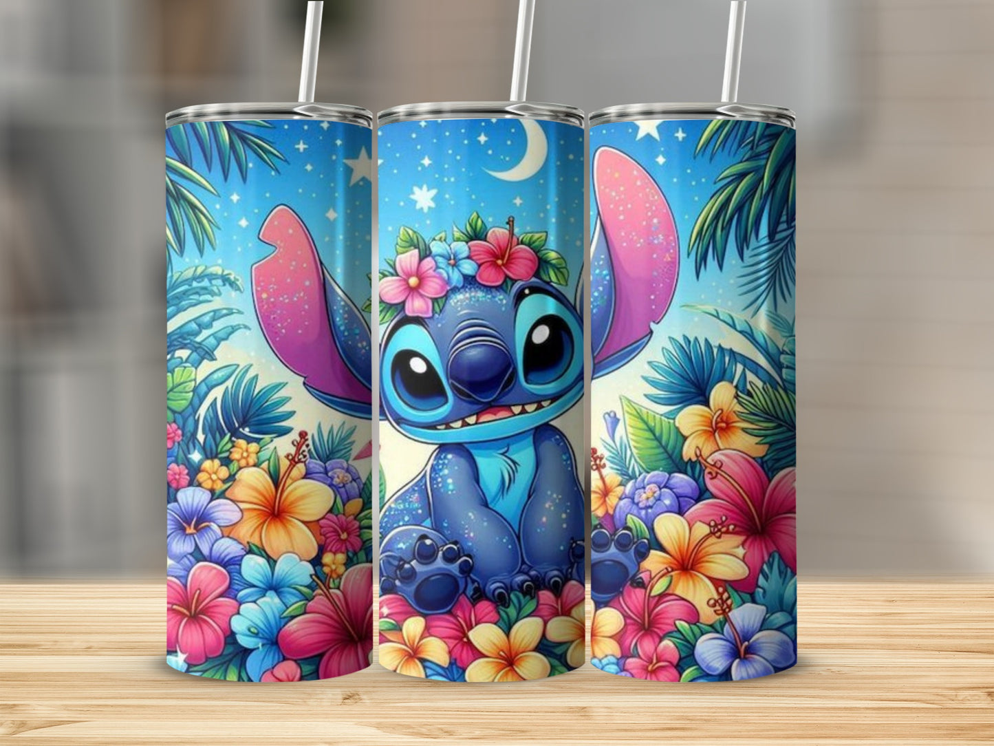 Cute Blue Alien with Tropical Flowers Tumbler