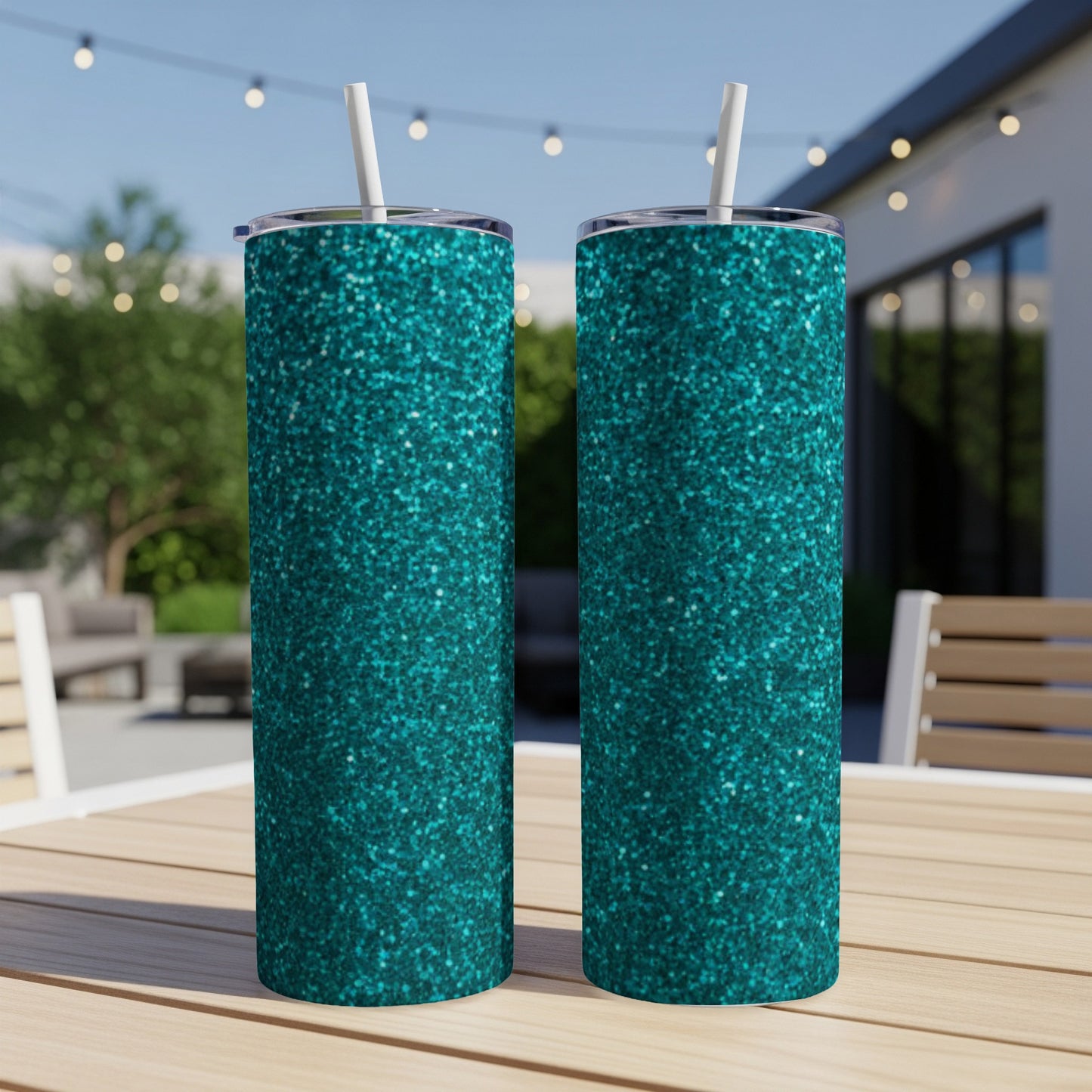 Two teal glitter tumblers with white straws stand on a wooden table outdoors.