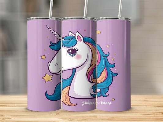Purple tumbler with unicorn illustration and stars.