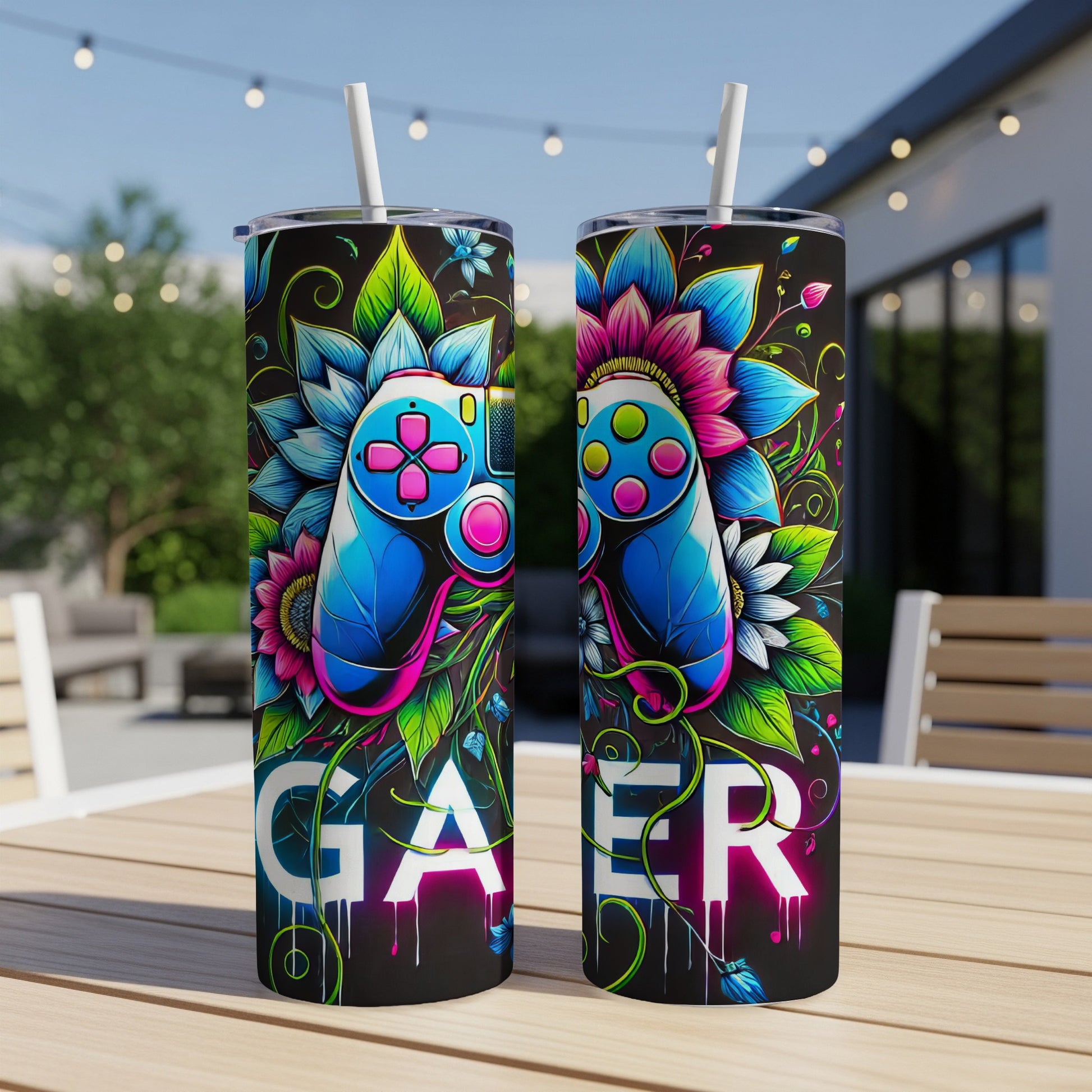 Gamer tumbler with a neon controller and floral design.
