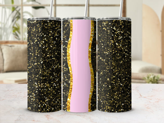 Three tumblers with black and gold glitter patterns and pink accents.