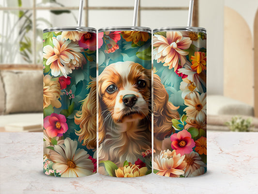 Tapestry tumbler with Cavalier King Charles Spaniel dog and floral surround.