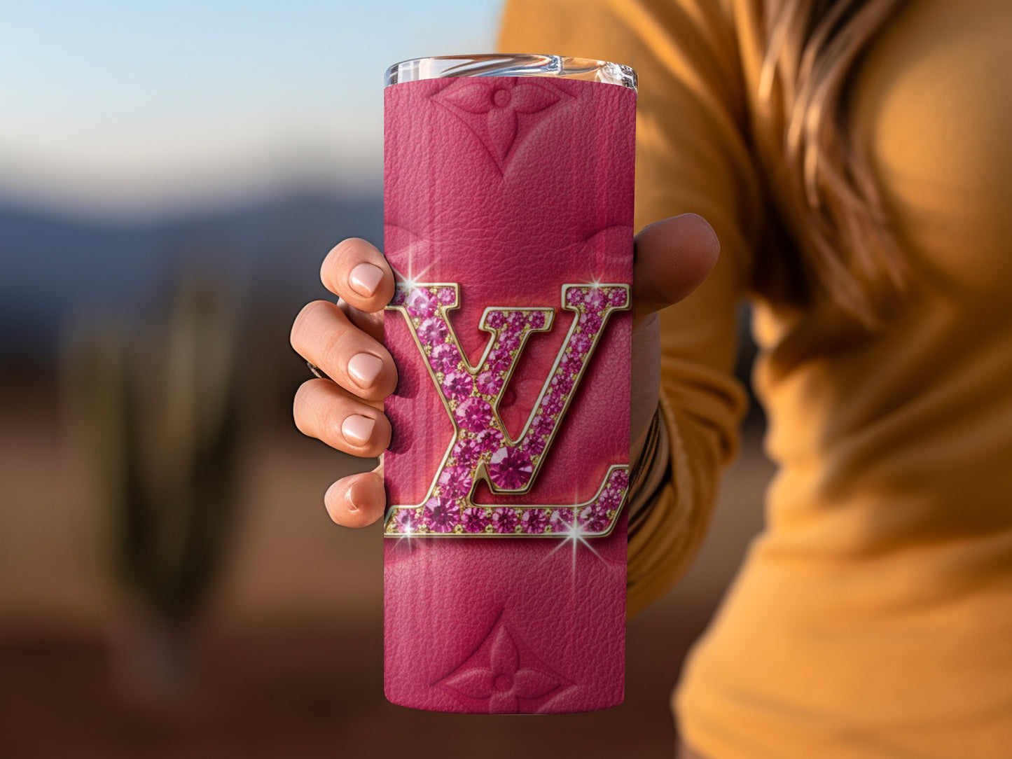 Pink Faux Leather Tumbler With Sparkling LV Design
