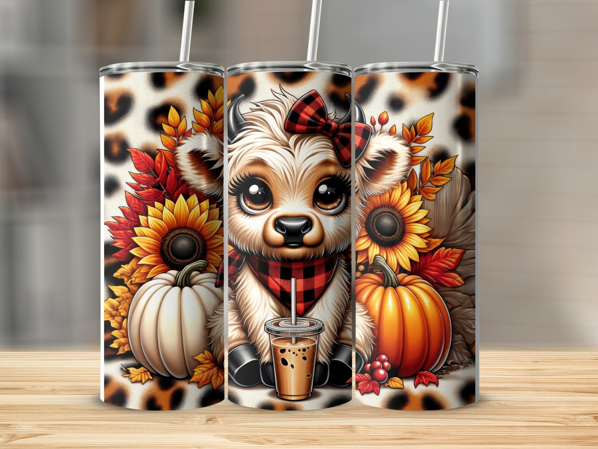 Cute highland cow with pumpkin and sunflower fall themed tumbler.