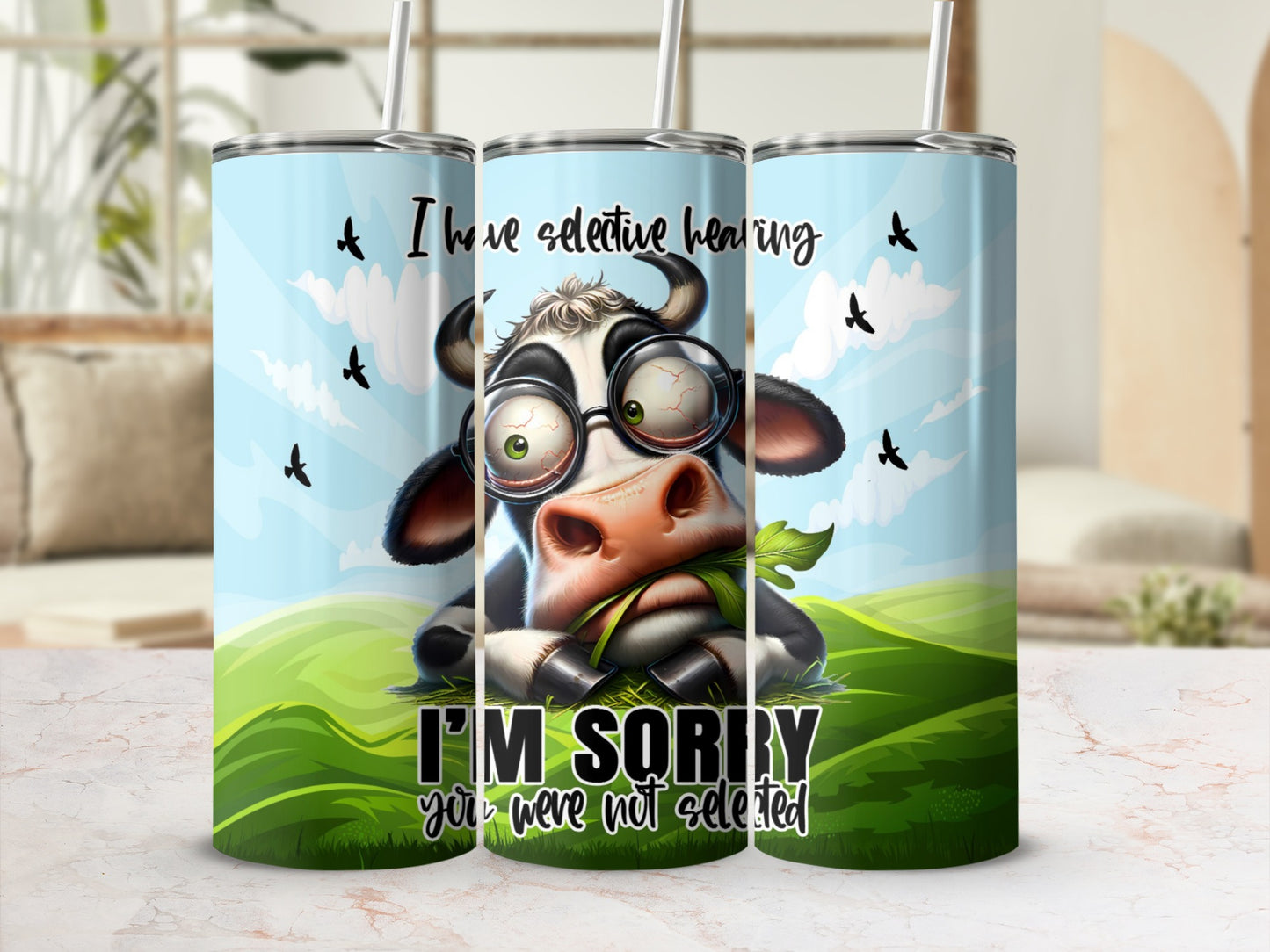 Cow wearing glasses eating grass with text "I'm sorry you were not selected".