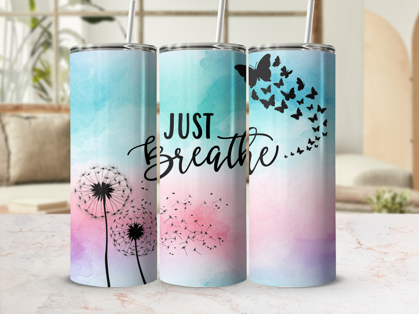 Just Breathe Dandelion Butterfly Watercolor Tumbler product type