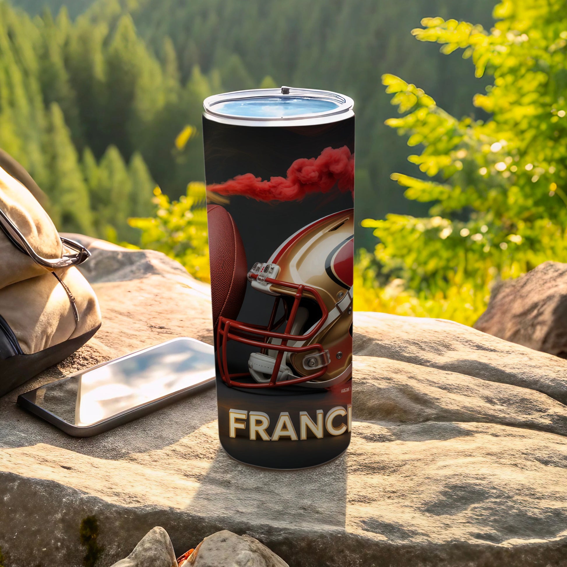 San Francisco 49ers helmet and football tumbler with red smoke.