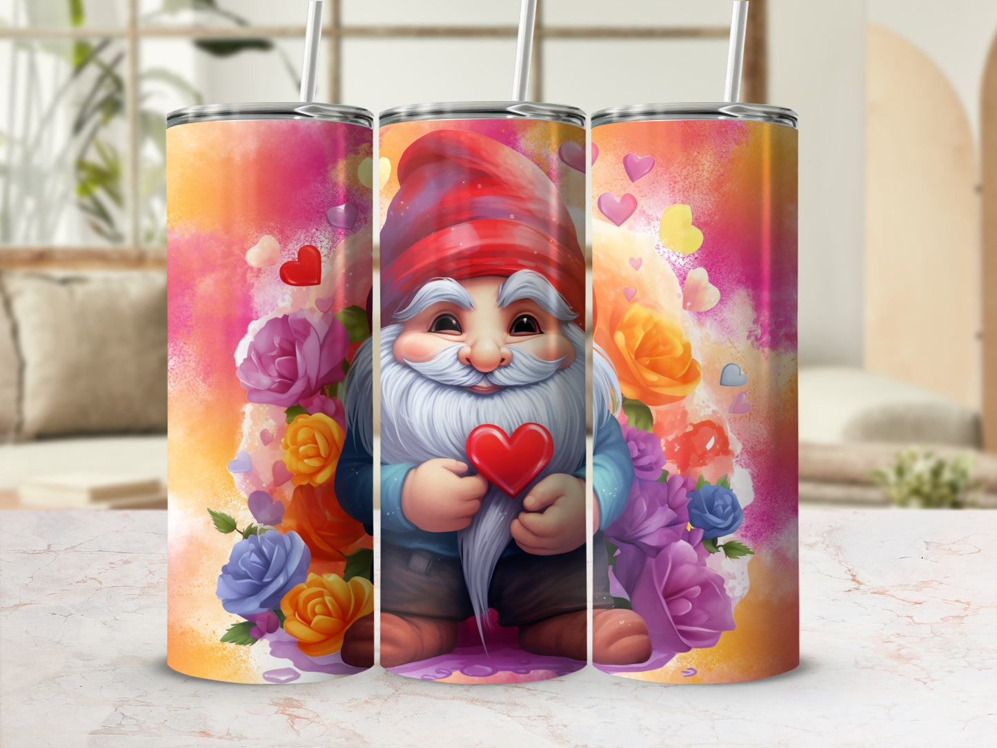 Cute Gnome with Heart and Flowers Insulated Tumbler