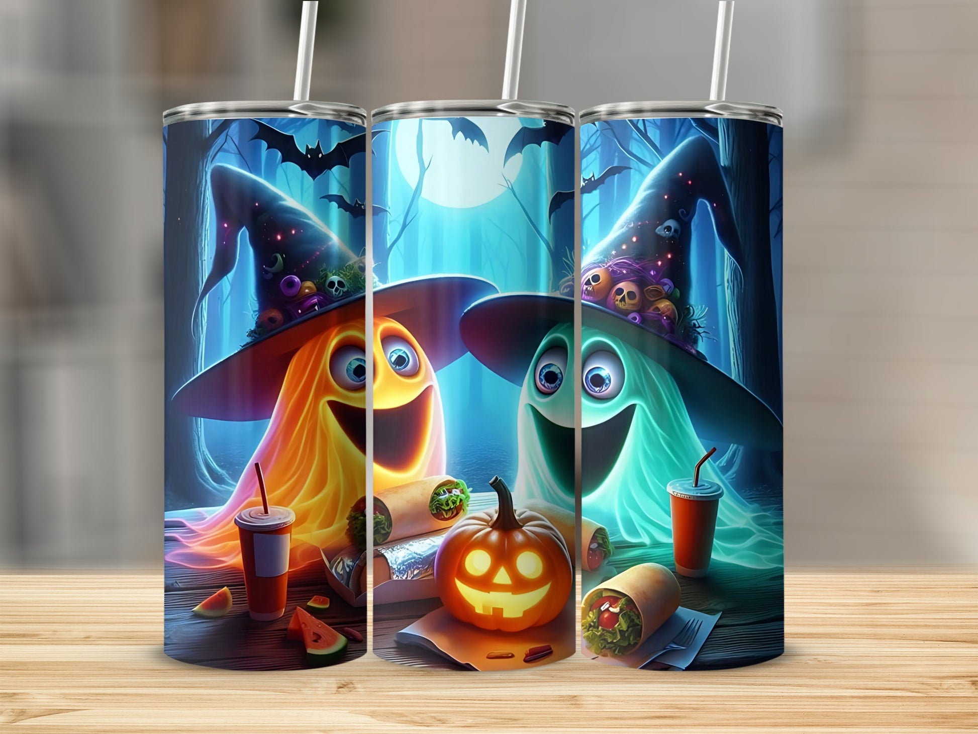 Halloween tumblers featuring grinning ghosts, bats, a pumpkin, and burritos.