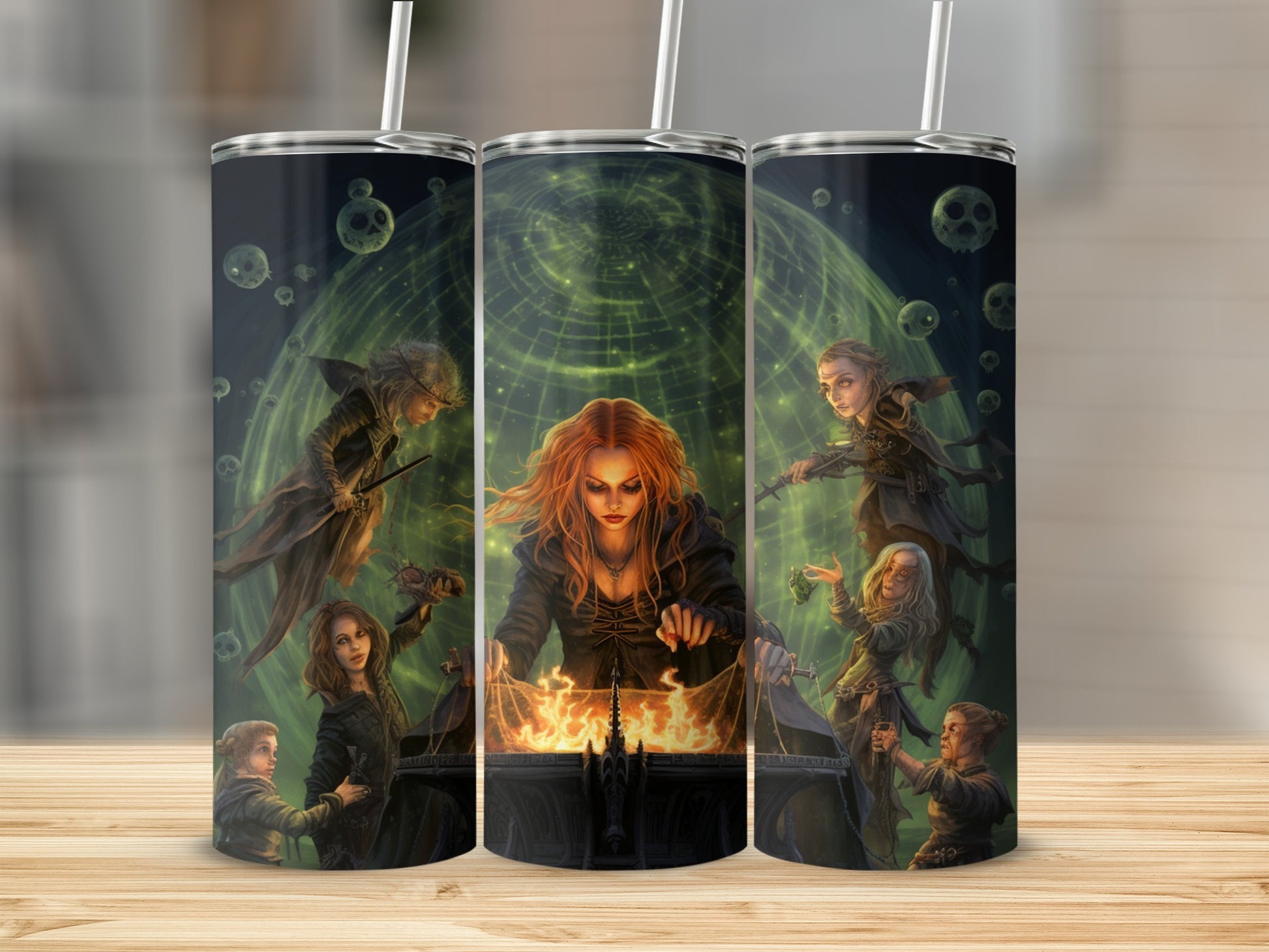 Witches performing a ritual around a cauldron with skulls and green energy.