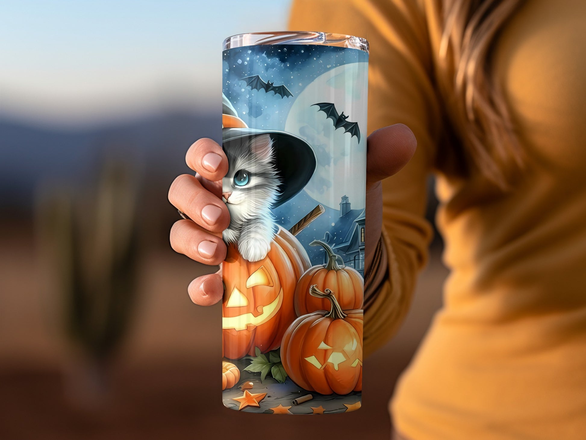 Cute Halloween Cat with Pumpkins Insulated Tumbler