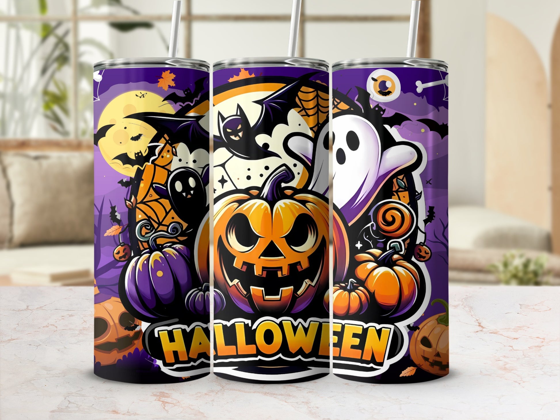 Halloween Pumpkin Bat Ghost Themed Tumbler
