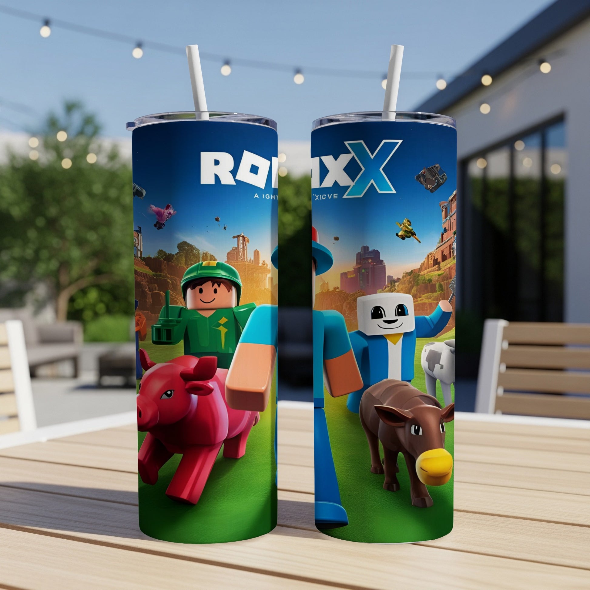 Roblox tumbler with characters and a cow on a grassy landscape.