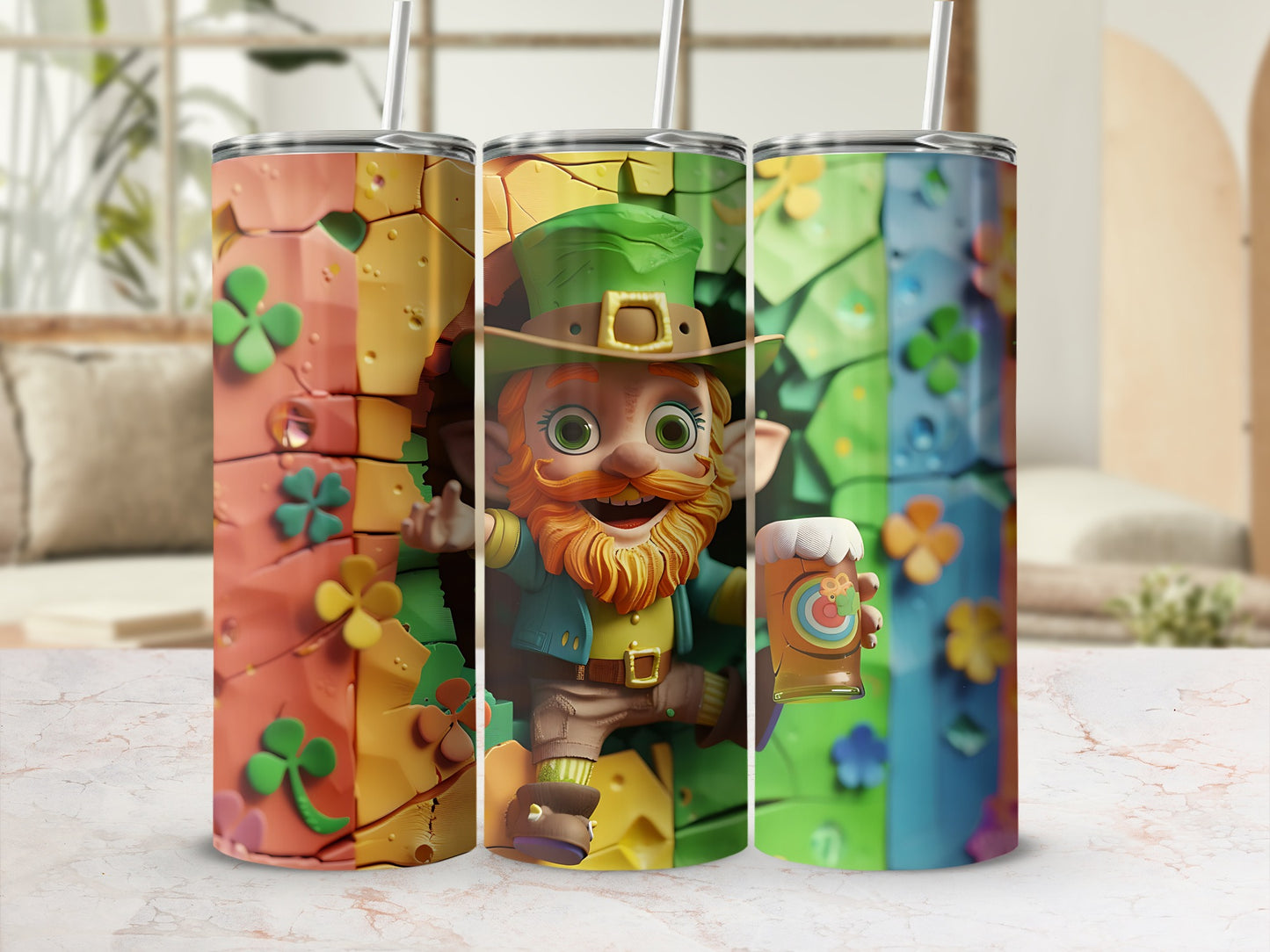 Leprechaun with beer mug and shamrocks on a colorful, cracked tumbler.