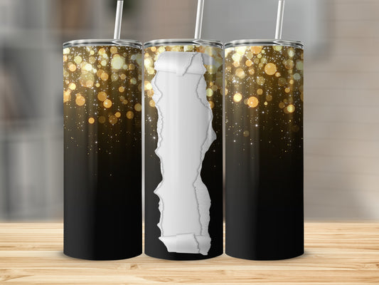 Three tumblers with shimmering gold bokeh on a black gradient.
