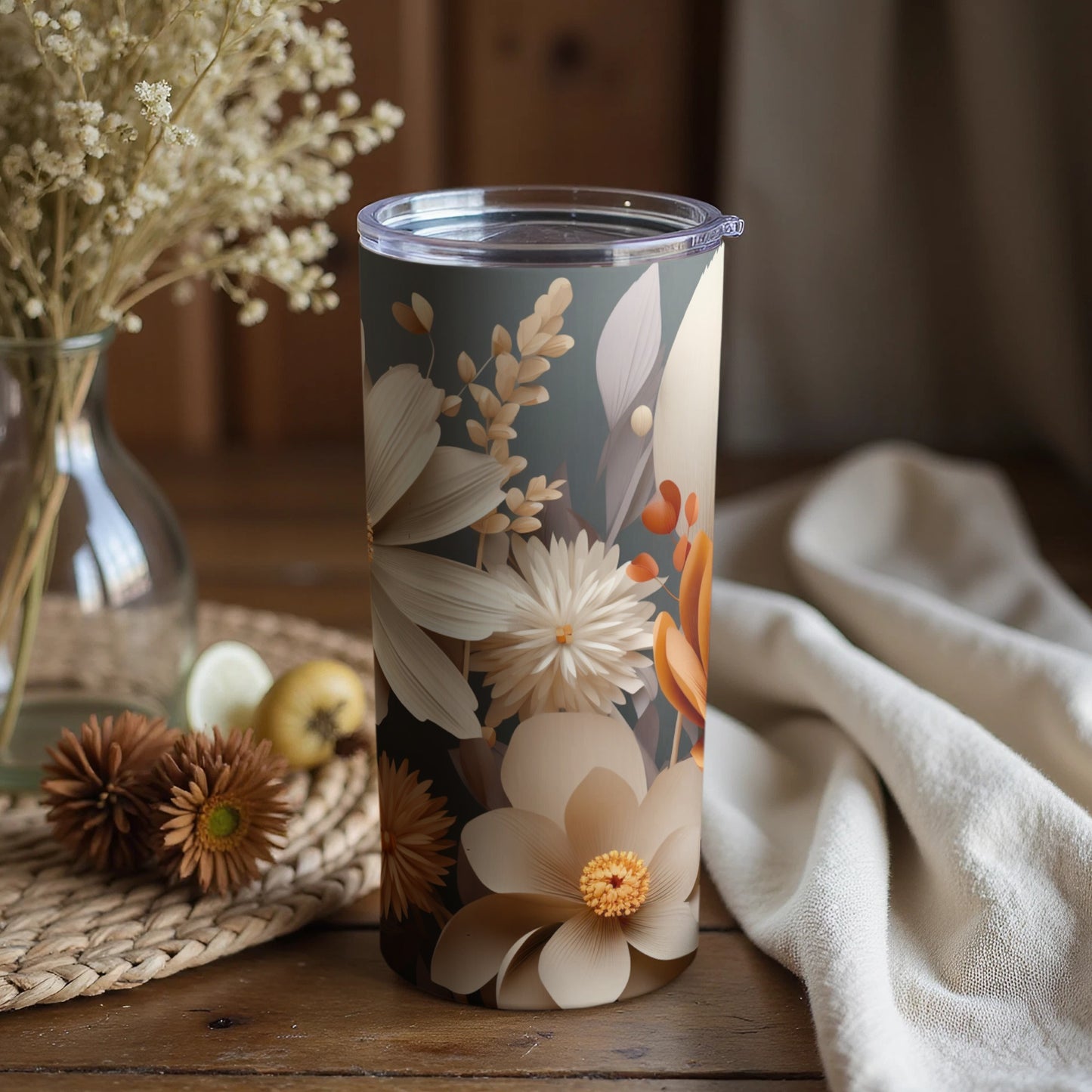 Elegant Floral Patterned Insulated Tumbler Cup